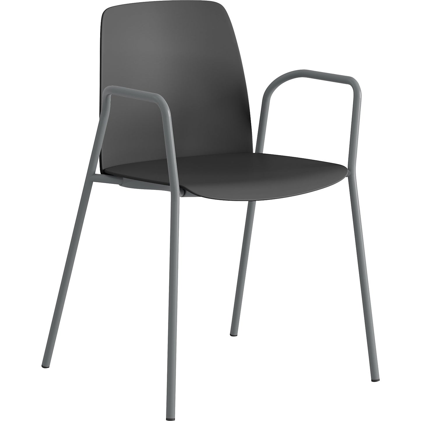 Chair Helmer, seat/backrest made of plastic, pack of 4, seat dark grey, frame silver, with arm rests.