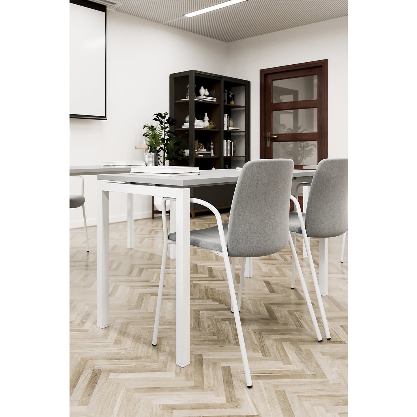 Chair Helmer, seat/backrest upholstered, pack of 4, seat light grey, frame white, with arm rests.