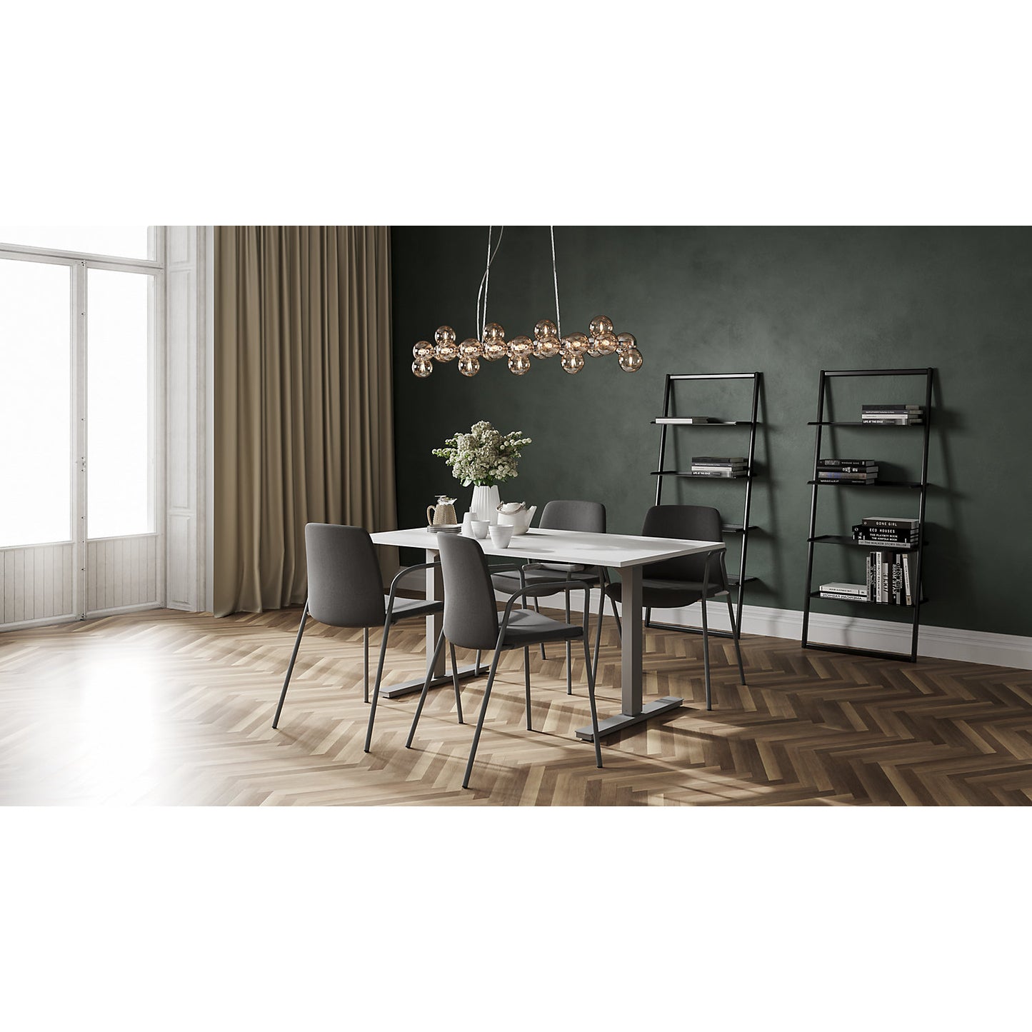 Chair Helmer, seat/backrest upholstered, pack of 4, seat dark grey, frame silver, with arm rests.