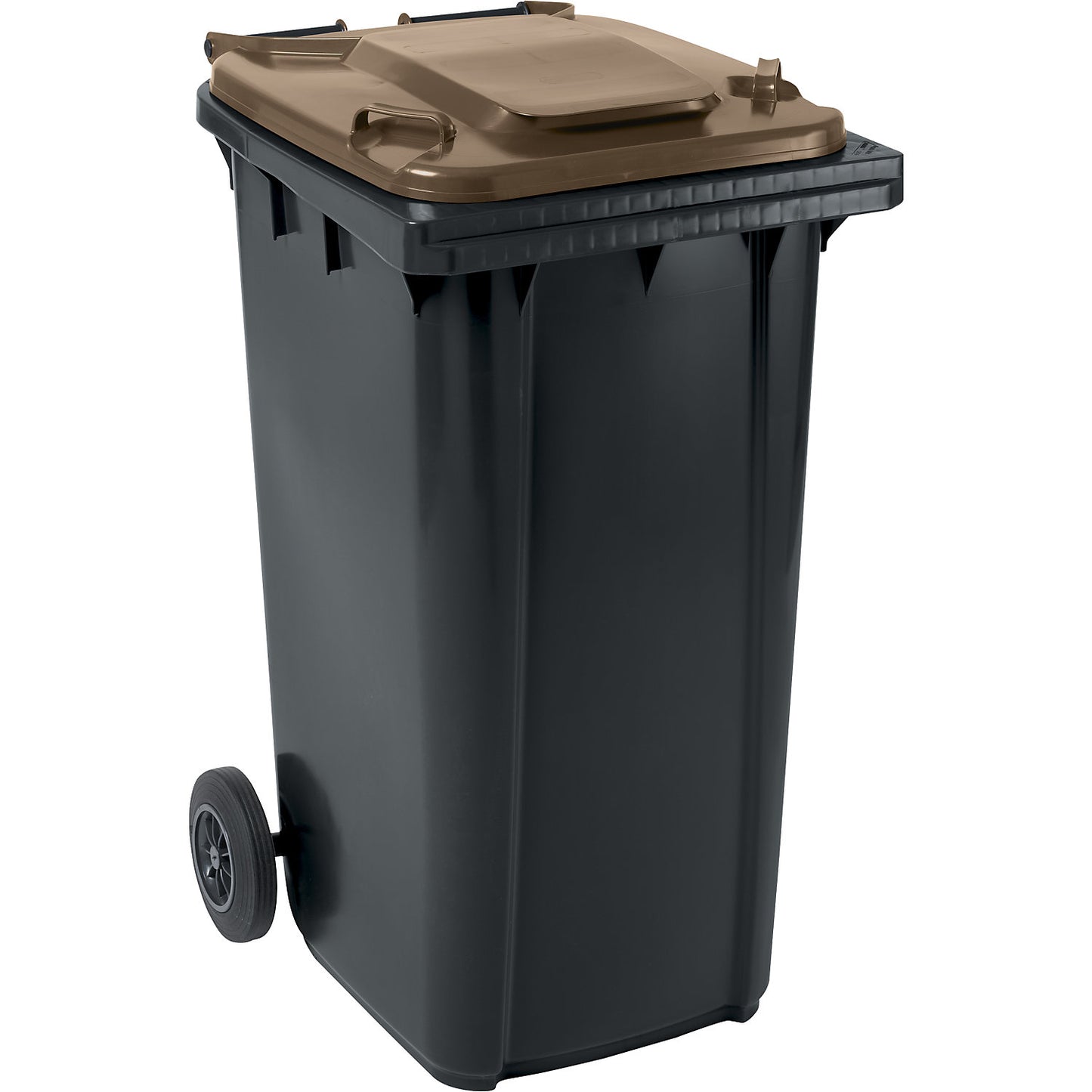 Plastic waste bin DIN EN 840, capacity 240 l, WxHxD 580 x 1074 x 729 mm, charcoal/brown.