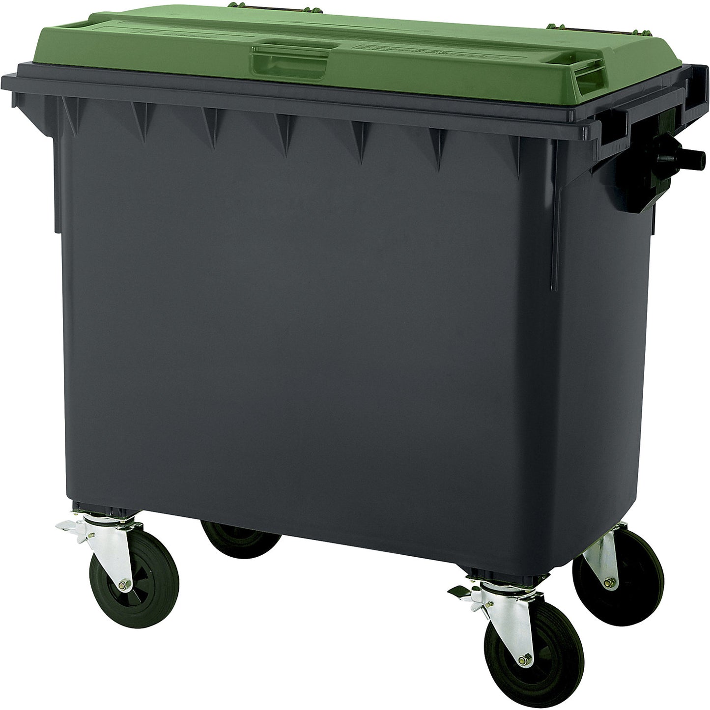 Plastic waste container, DIN EN 840, capacity 660 l, WxHxD 1360 x 1235 x 765 mm, anthracite/green.