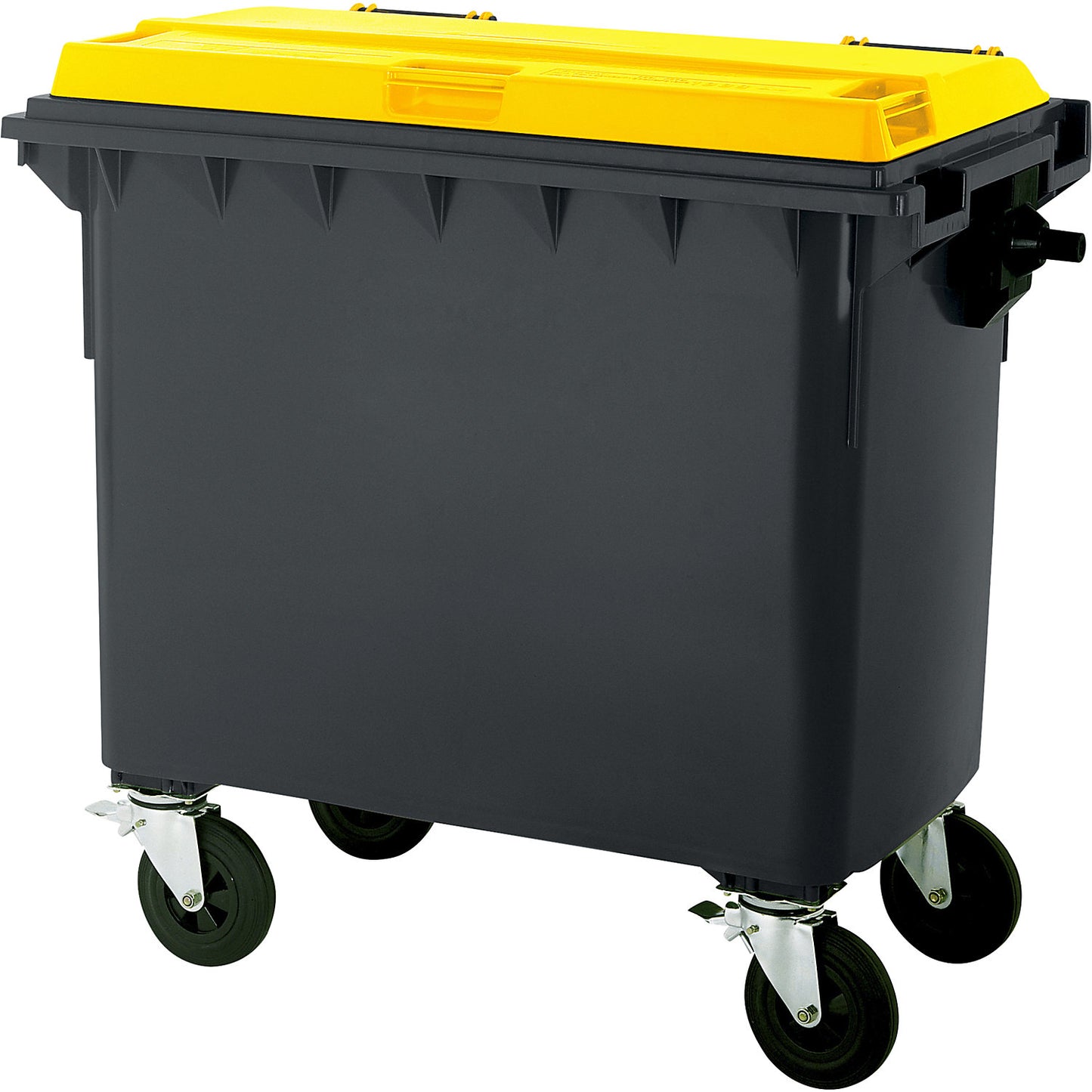Plastic waste container, DIN EN 840, capacity 660 l, WxHxD 1360 x 1235 x 765 mm, anthracite/yellow.