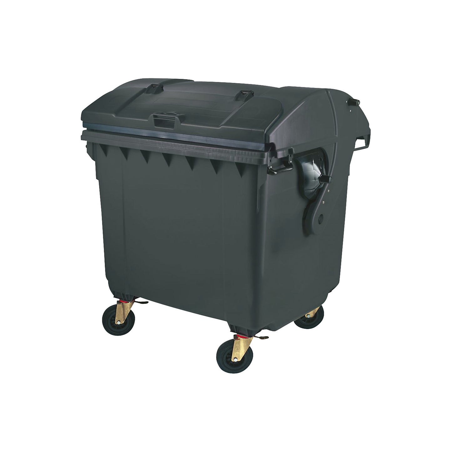 Plastic waste container, DIN EN 840, capacity 1100 L, with round lid, anthracite/grey.