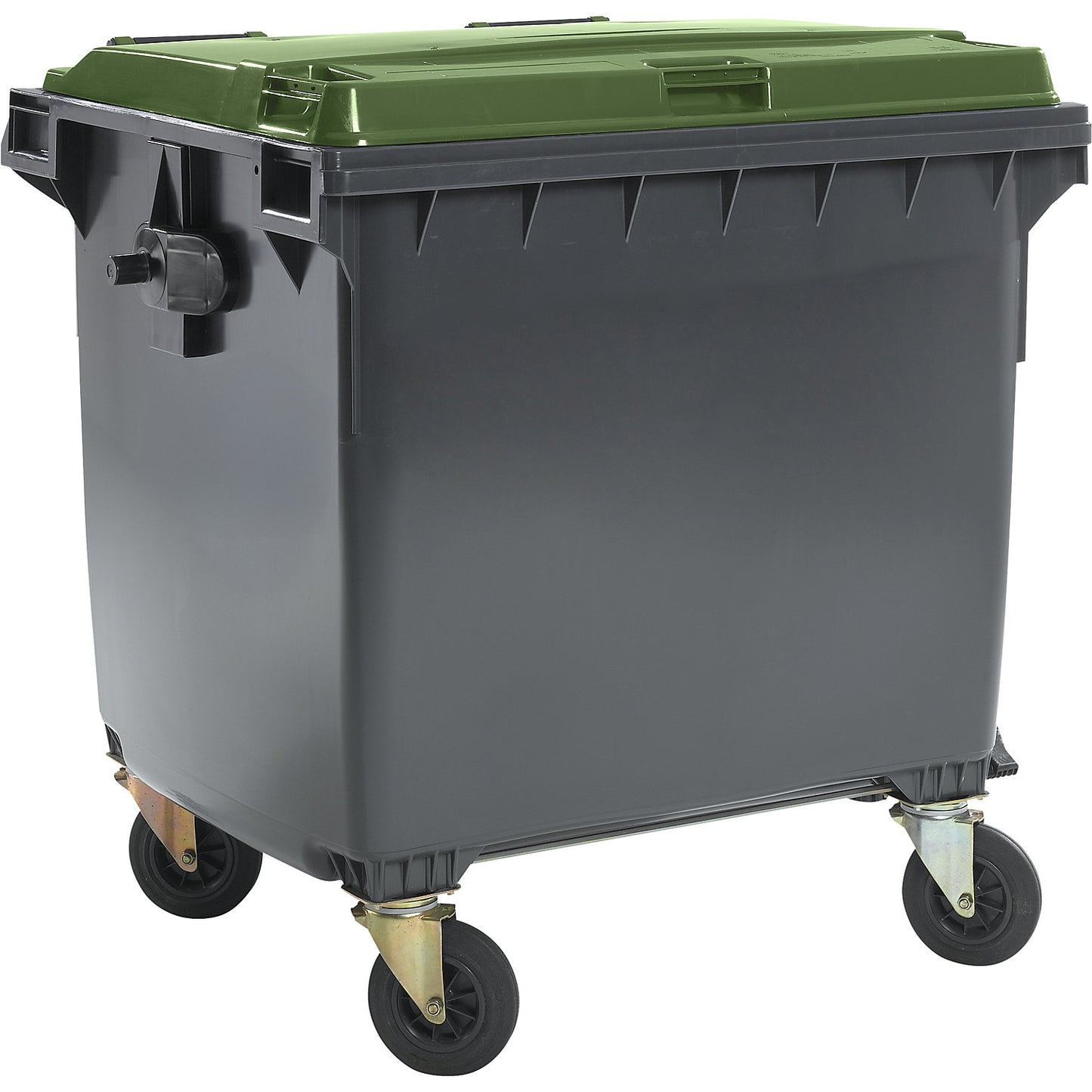 Plastic waste container, DIN EN 840, capacity 1100 l, WxHxD 1370 x 1470 x 1115 mm, anthracite/green.