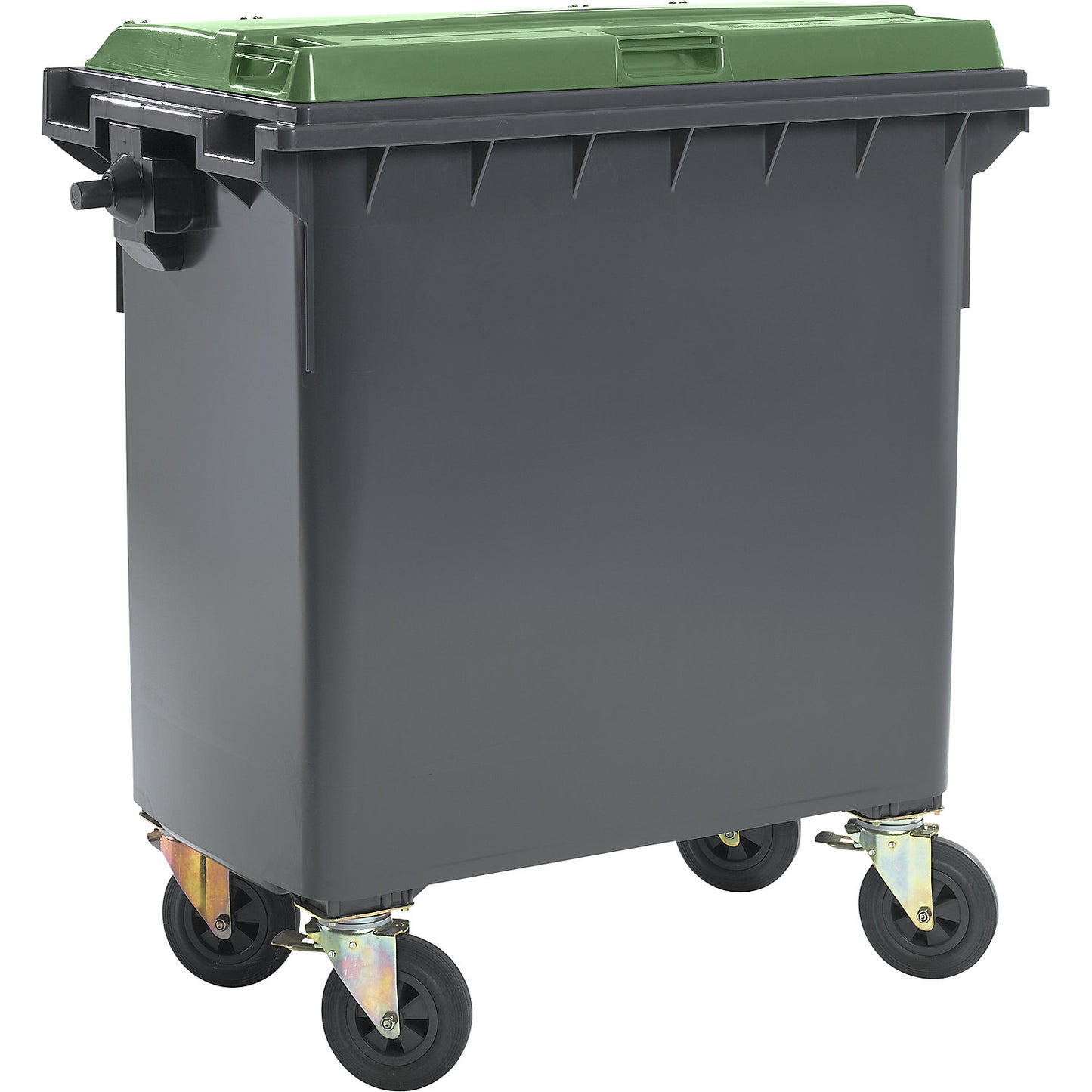 Plastic waste container, DIN EN 840, capacity 770 l, WxHxD 1360 x 1330 x 770 mm, anthracite/green.
