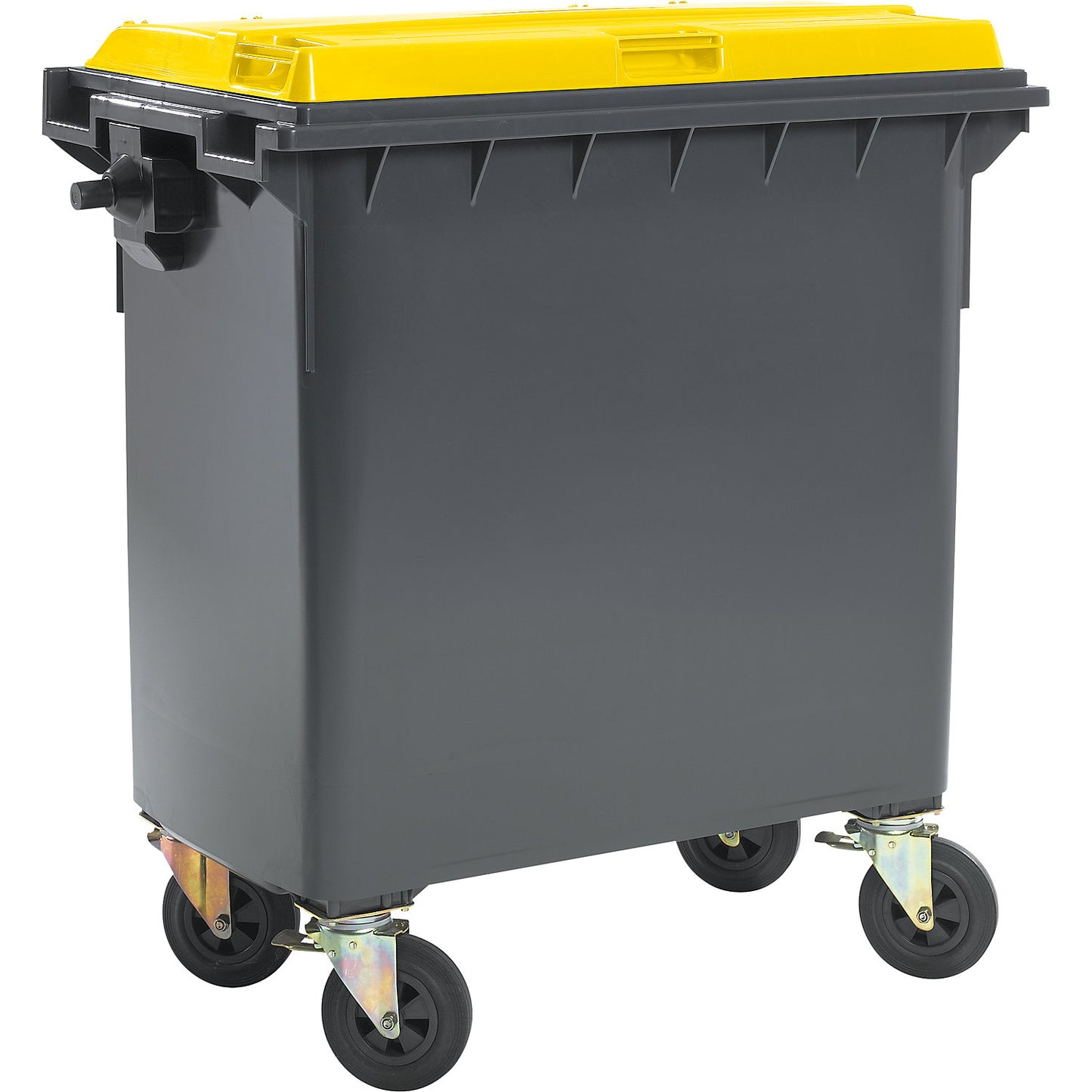 Plastic waste container, DIN EN 840, capacity 770 l, WxHxD 1360 x 1330 x 770 mm, anthracite/yellow.