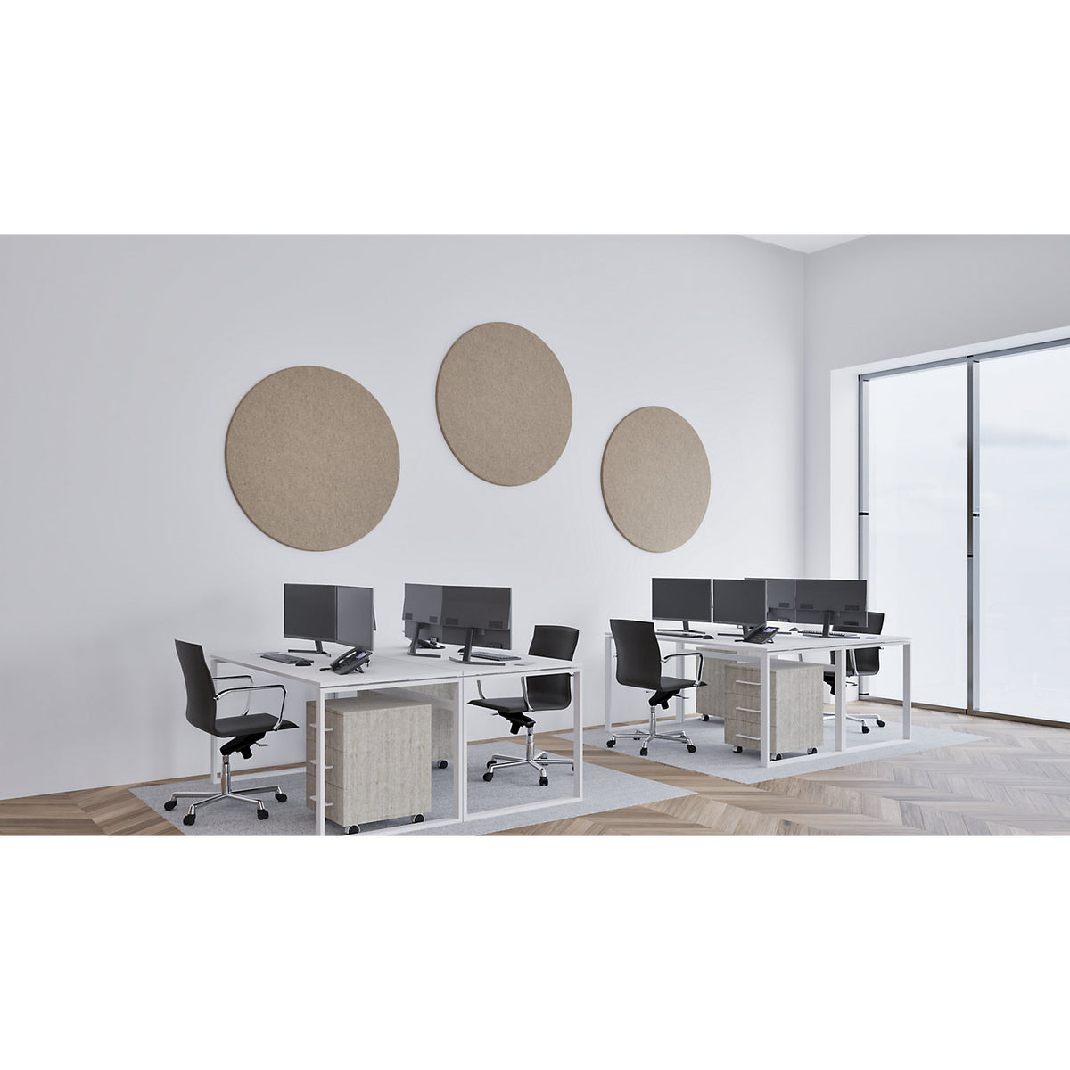 Acoustic ceiling panel, PET felt, Ø 1200 mm, round shape, beige.