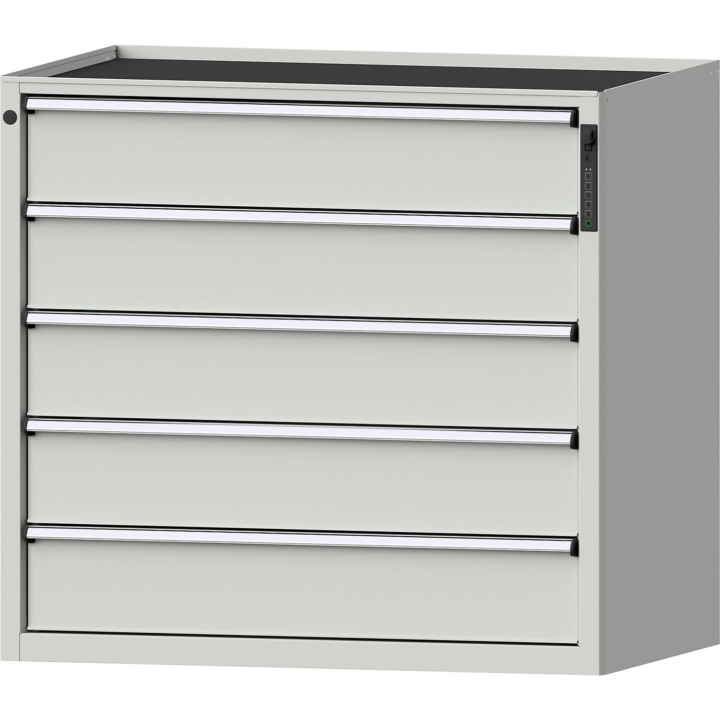 Drawer cupboard, electronic PIN lock, 5 x 180 mm drawers, HxWxD 980 x 1060 x 675 mm, grey.
