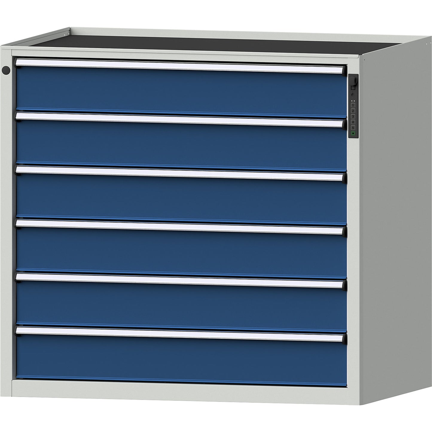 Drawer cupboard, electronic PIN lock, 6 x 150 mm drawers, HxWxD 980 x 1060 x 675 mm, blue.