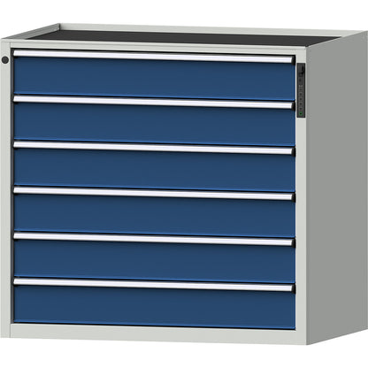Drawer cupboard, electronic PIN lock, 6 x 150 mm drawers, HxWxD 980 x 1060 x 675 mm, blue.