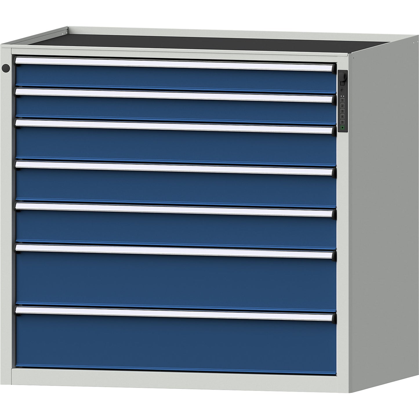 Drawer cupboard, electronic PIN lock, 7 drawers, HxWxD 980 x 1060 x 675 mm, blue.