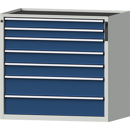 Drawer cupboard, electronic PIN lock, 7 drawers, HxWxD 980 x 1060 x 675 mm, blue.