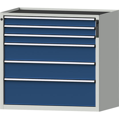 Drawer cupboard, electronic PIN lock, 6 drawers, HxWxD 980 x 1060 x 675 mm, blue.