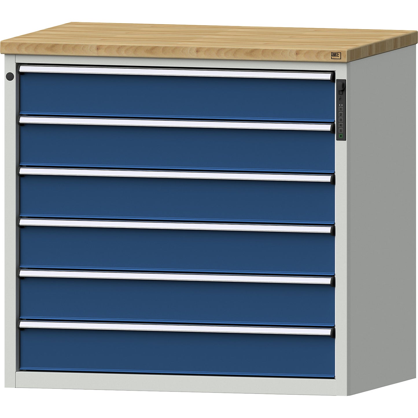 Drawer cupboard, electronic PIN lock, 6 x 150 mm drawers, HxWxD 1020 x 1060 x 685 mm, blue.