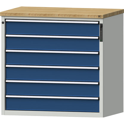 Drawer cupboard, electronic PIN lock, 6 x 150 mm drawers, HxWxD 1020 x 1060 x 685 mm, blue.