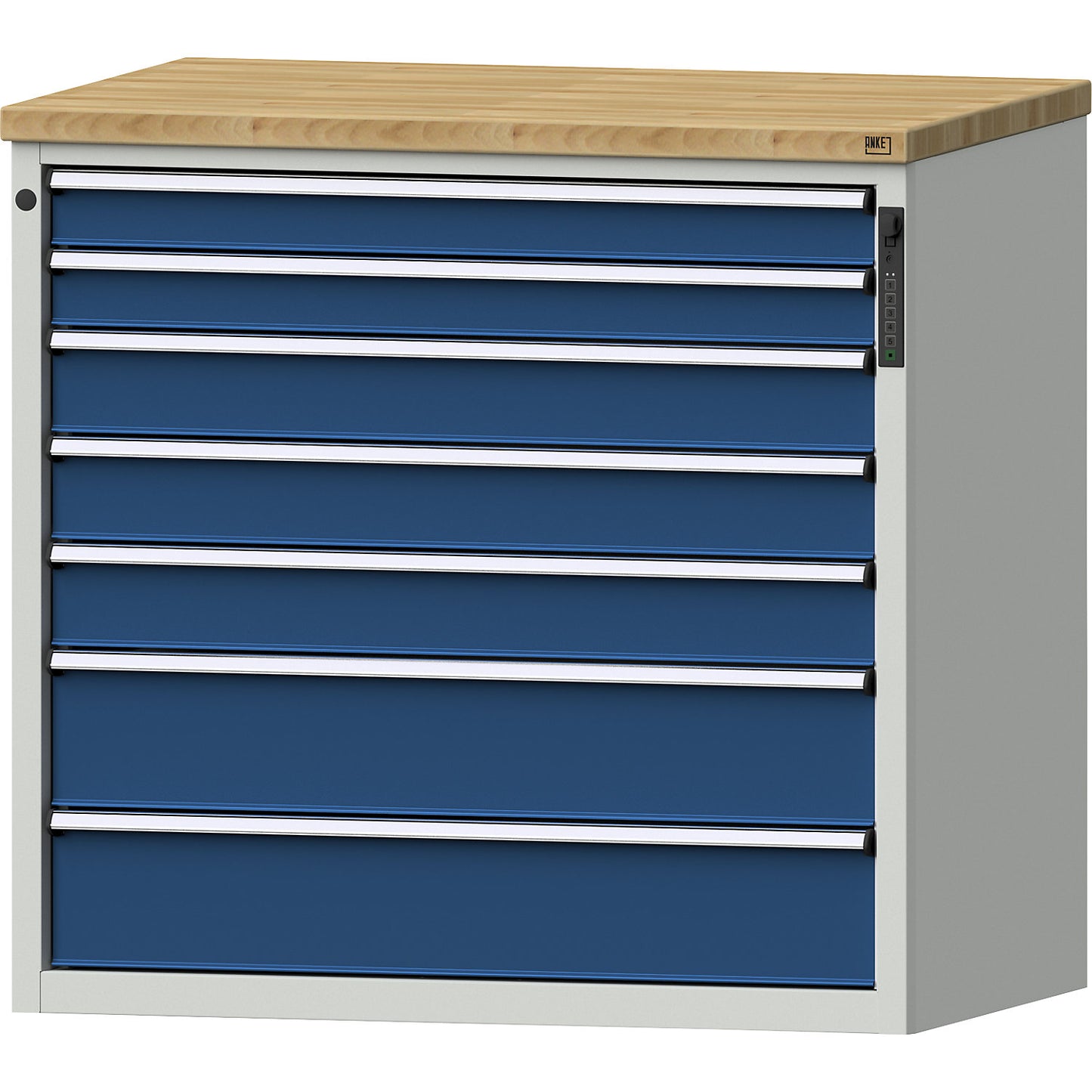 Drawer cupboard, electronic PIN lock, 7 drawers, HxWxD 1020 x 1060 x 685 mm, blue.