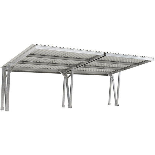 Vehicle shelter EcoCover with steel roof, double unit 4 parking spaces, zinc plated, HxWxD 3730 x 10320 x 5425 mm.