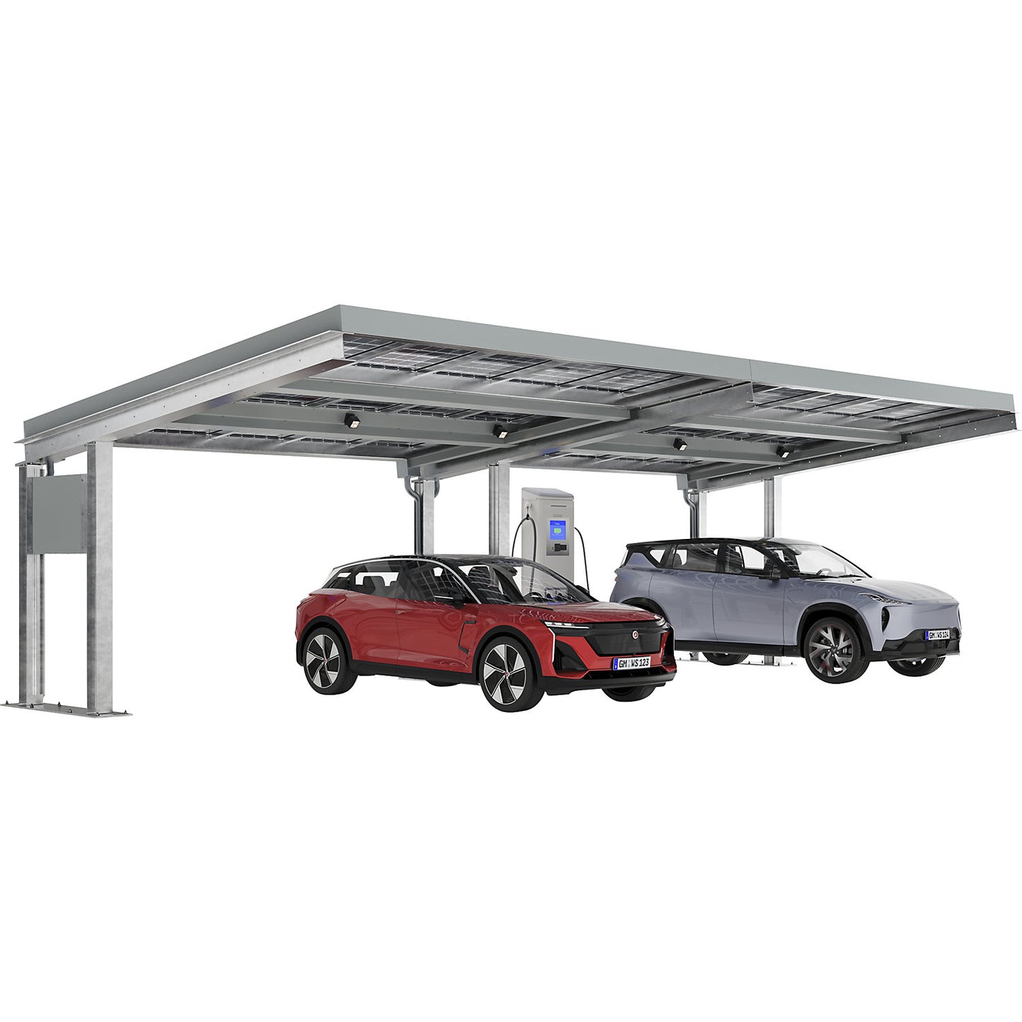 Carport SolarCover with PV modules and control cabinet, zinc plated, W 5370 mm, extension unit.