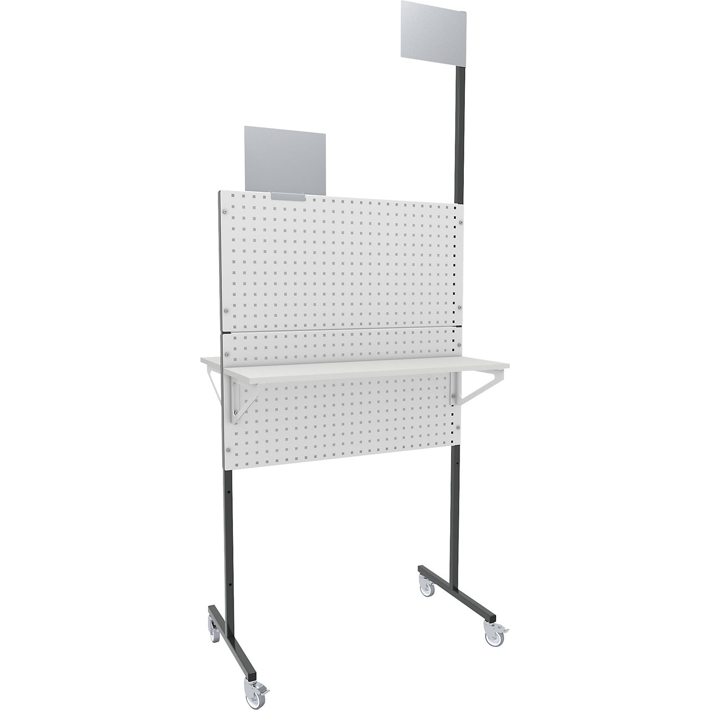 Organisation partition wall, mobile, 4 perforated panels, 2 storage shelves, 4 swivel castors.