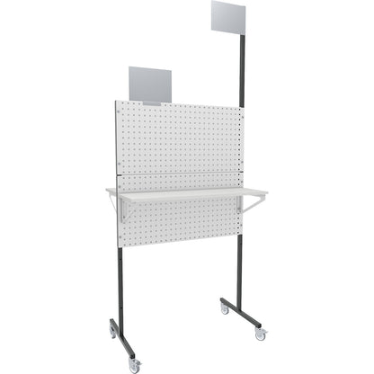 Organisation partition wall, mobile, 4 perforated panels, 2 storage shelves, 4 swivel castors.