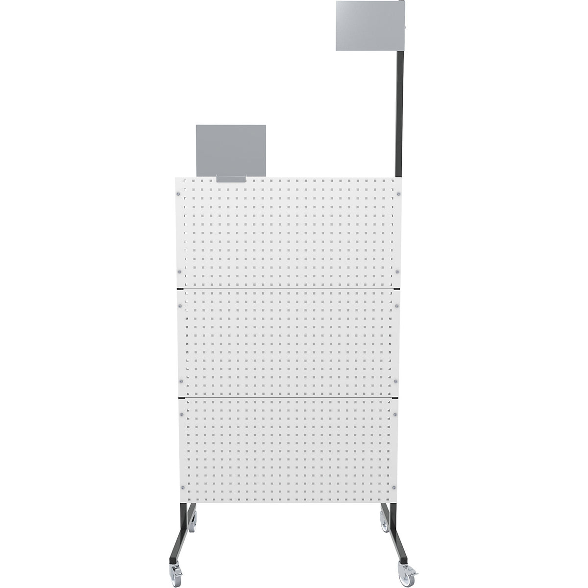 Organisation partition wall, mobile, 3 perforated panels, 3 plain panels, 4 swivel castors.