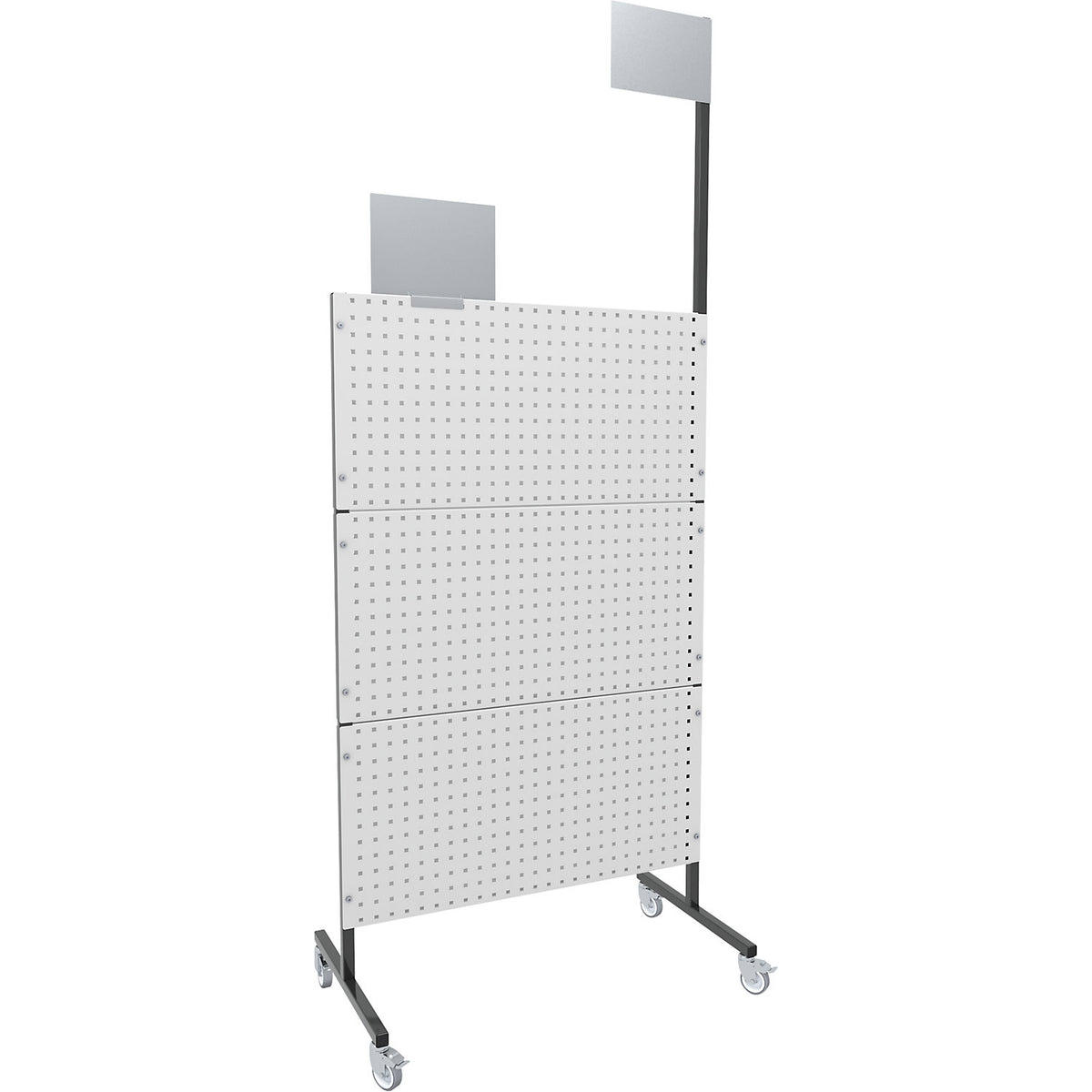 Organisation partition wall, mobile, 3 perforated panels, 3 plain panels, 4 swivel castors.