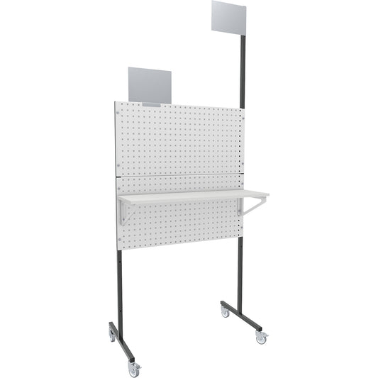 Organisation partition wall, mobile, 2 perforated panels, 2 plain panels, 1 storage shelf, 4 swivel casters.