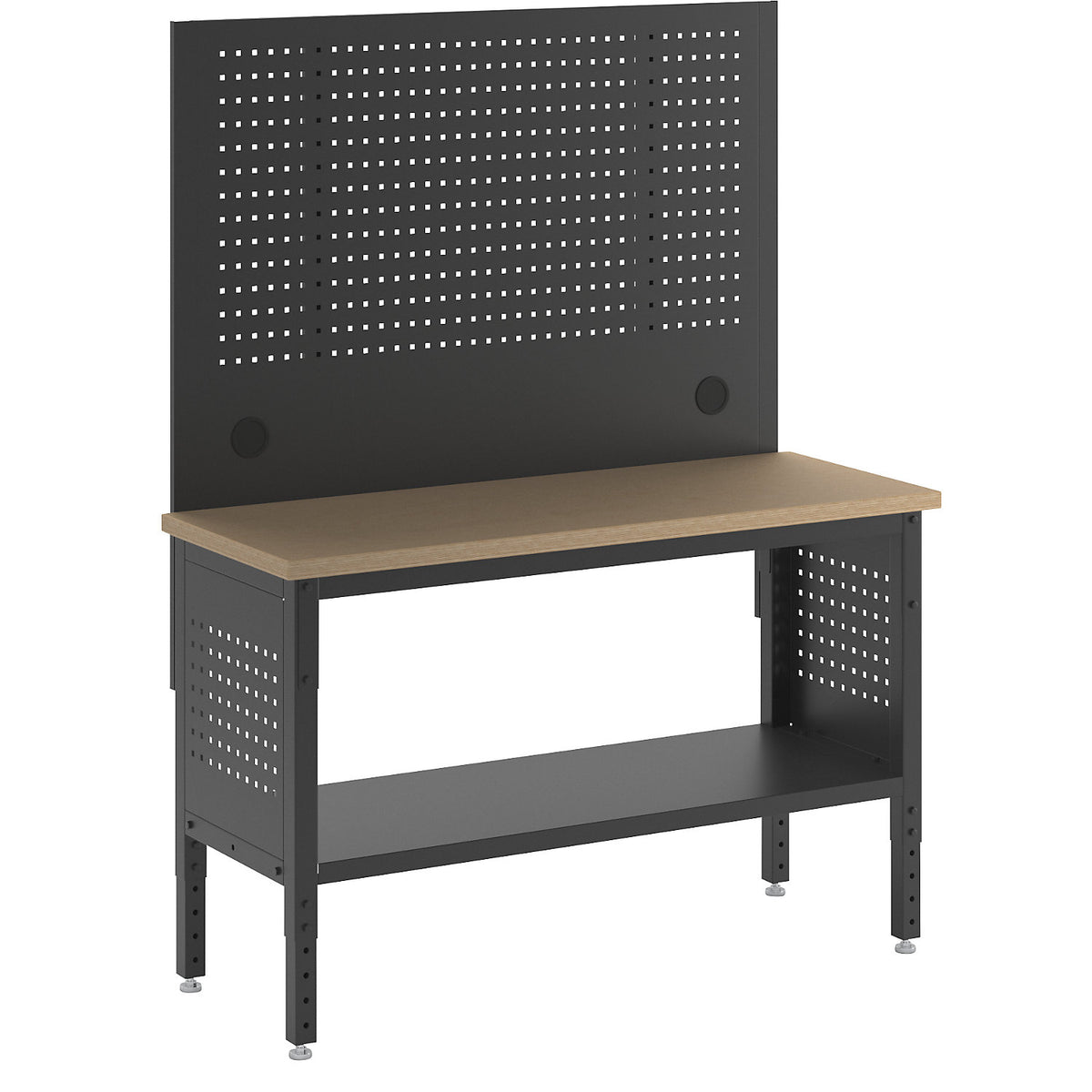BLACKLINE workbench with perforated panel, without drawers, worktop width 1524 mm.