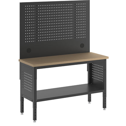 BLACKLINE workbench with perforated panel, without drawers, worktop width 1524 mm.