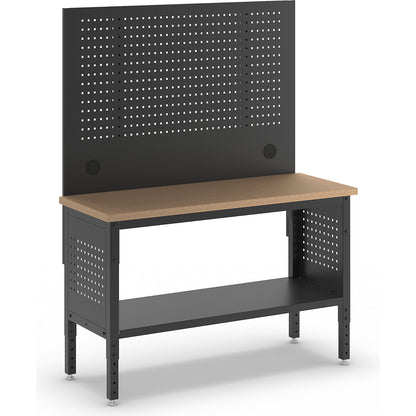 BLACKLINE workbench, without base cupboard, with perforated panel, worktop width 1524 mm.