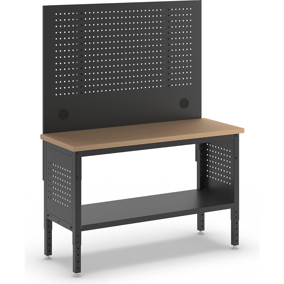 BLACKLINE workbench with perforated panel, without drawers, worktop width 1524 mm.