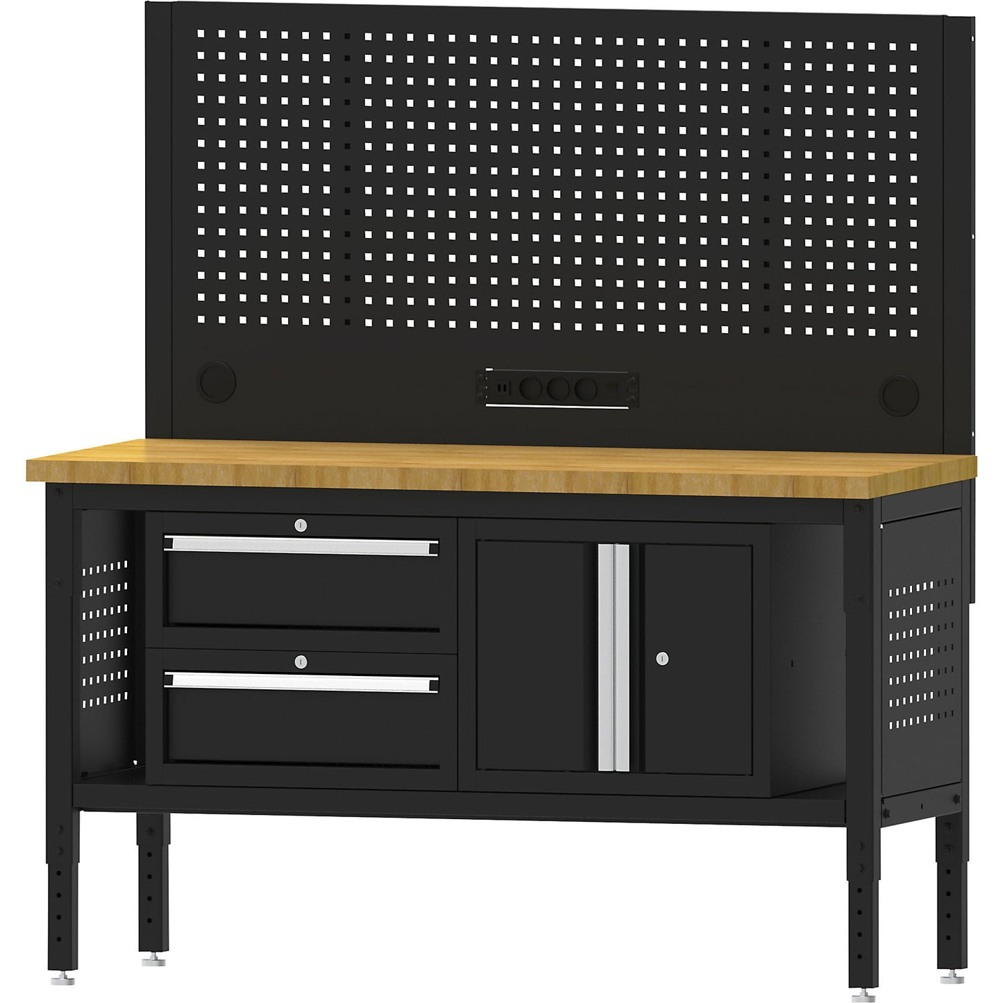 BLACKLINE workbench, with 2 drawers, double door cupboard, worktop width 1524 mm.