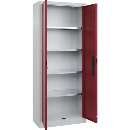 Workshop double door cupboard, HxWxD 1950 x 800 x 400 mm, light grey / ruby red.