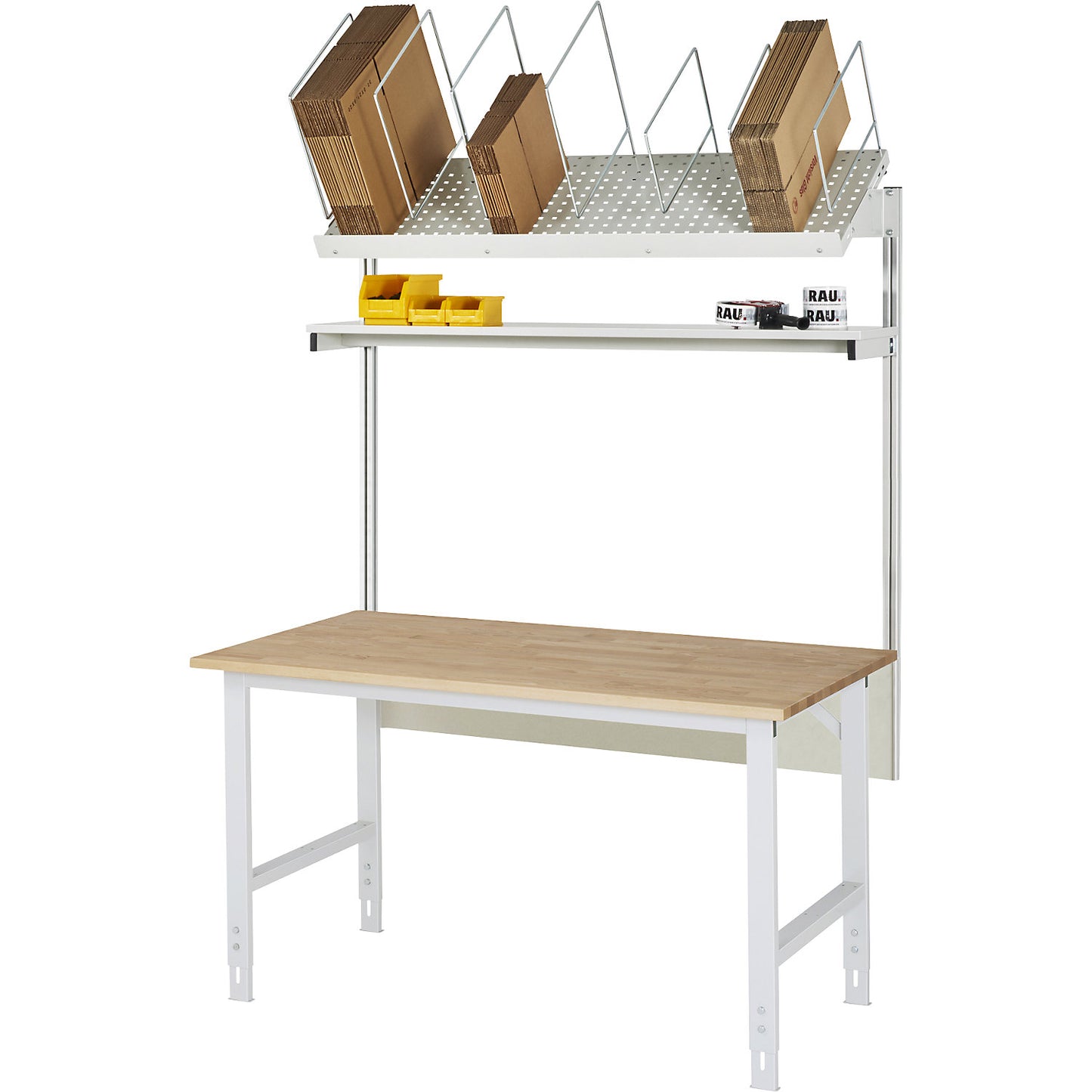 Packing table complete, manually height adjustable, set 1 with shelf, WxD 1500 x 1000 mm, beech top.