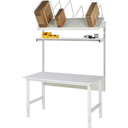 Packing table complete, manually height adjustable, set 1 with shelf, WxD 2000 x 800 mm, melamine top.