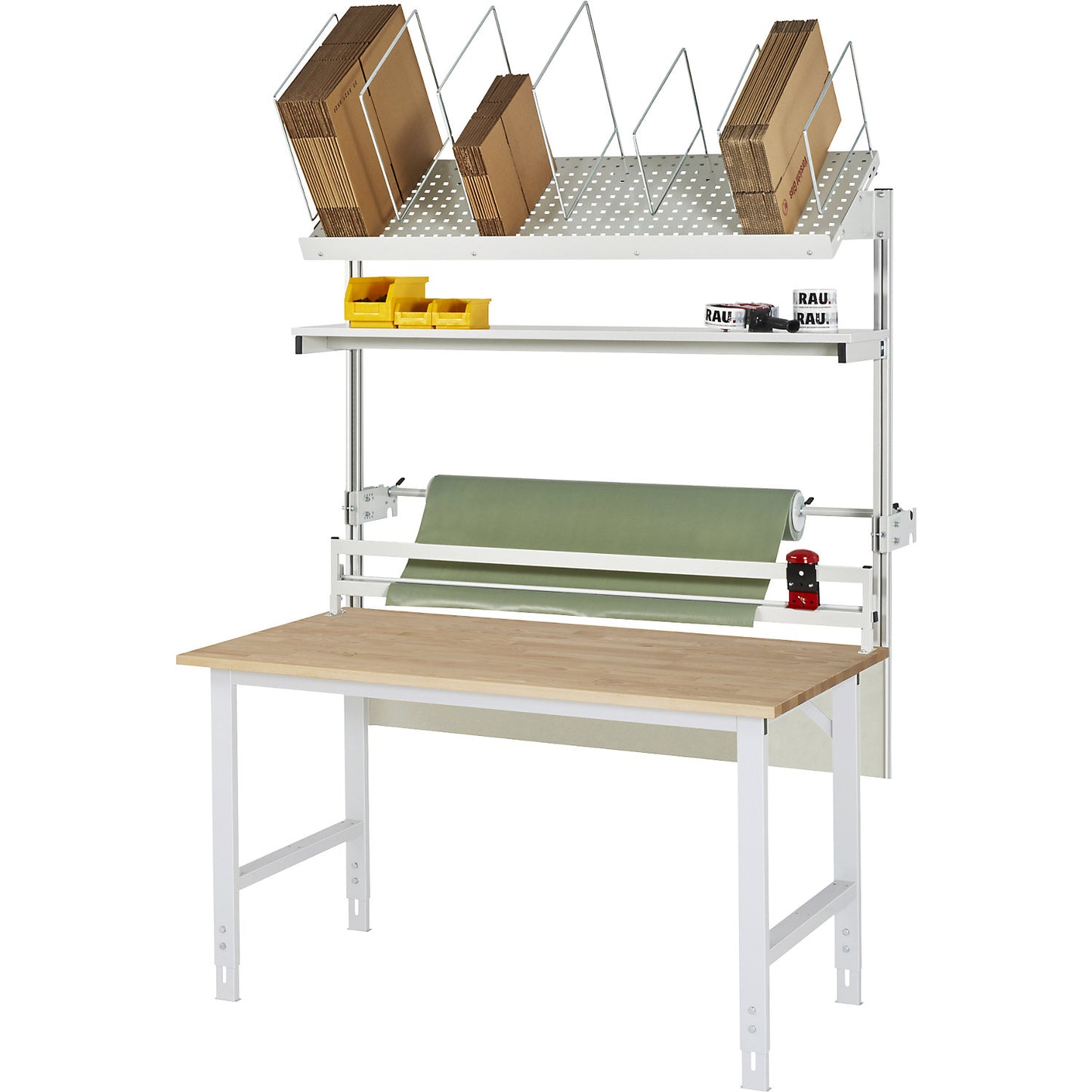 Packing table complete, manually height adjustable, set 2 with shelf, cutter, dispensing unit, WxD 1500 x 800 mm, beech top.