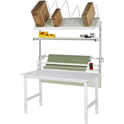 Packing table complete, manually height adjustable, set 2 with shelf, cutter, dispensing unit, WxD 1500 x 800 mm, melamine top.