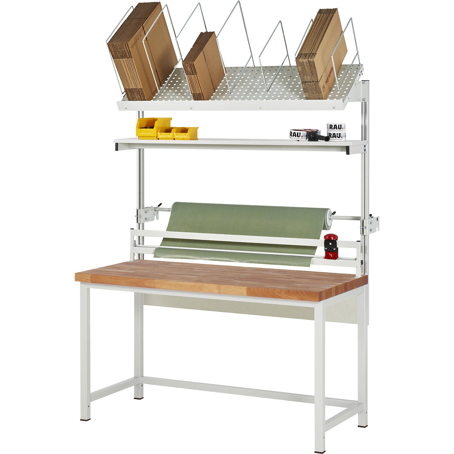 Packing table complete, Series 8000, set 2 with shelf, cutter, dispensing unit, WxD 1500 x 700 mm, beech top.