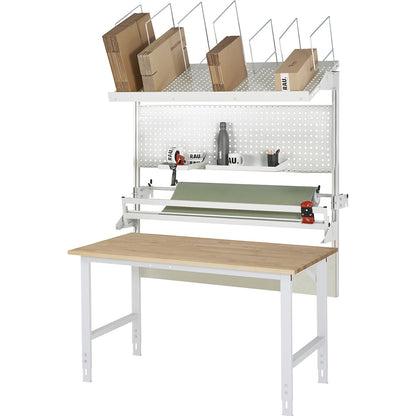 Packing table complete, manually height adjustable, set 3 with perforated panel, cutter, dispensing unit, WxD 2000 x 800 mm, beech top.