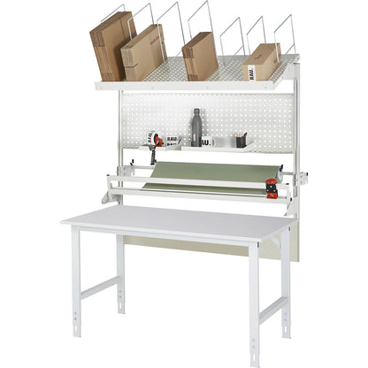 Packing table complete, manually height adjustable, set 3 with perforated panel, cutter, dispensing unit, WxD 1500 x 1000 mm, melamine top.