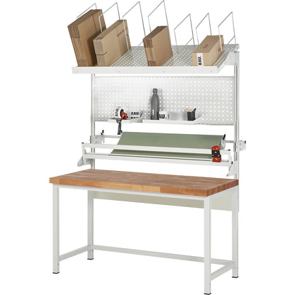 Packing table complete, Series 8000, set 3 with perforated panel, cutter, dispensing unit, WxD 1500 x 700 mm, beech top.