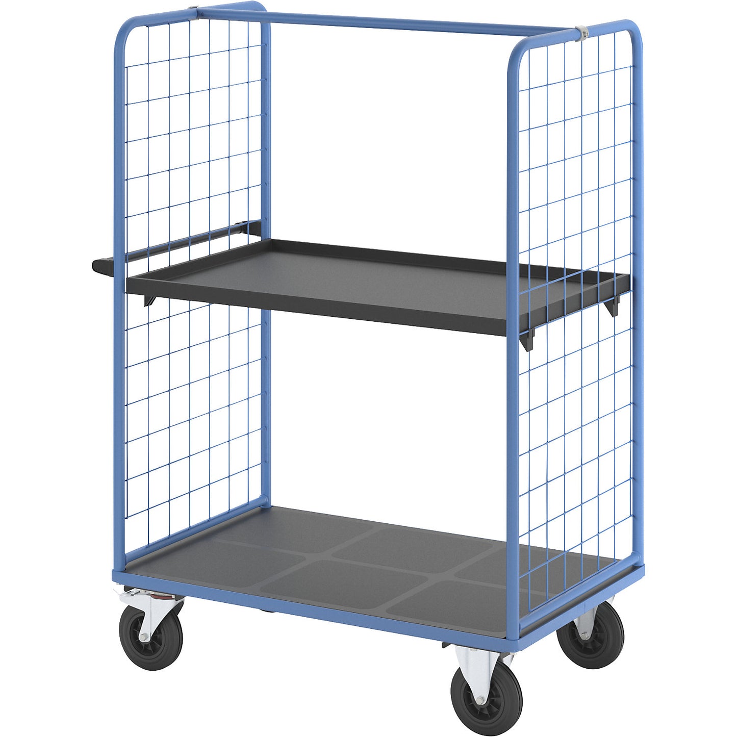 Shelf truck with mesh side panels, solid rubber tyres, platform 1175 x 800 mm, 2 levels, with edge.