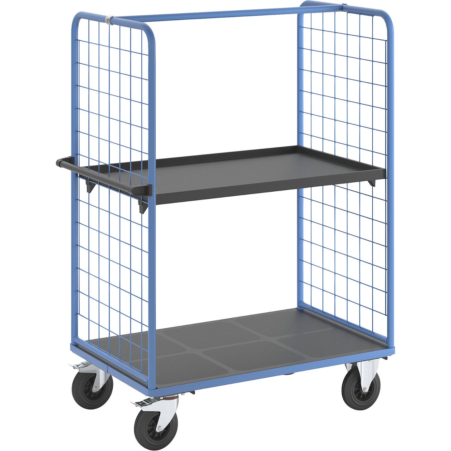 Shelf truck with mesh side panels, solid rubber tyres, platform 1175 x 800 mm, 2 levels, with edge.