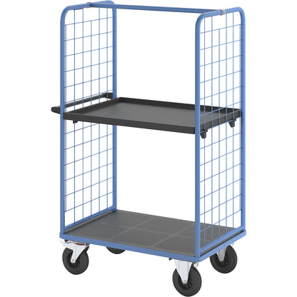 Shelf truck with mesh side panels, solid rubber tyres, platform 975 x 700 mm, 2 levels, with edge.