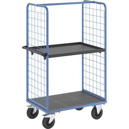 Shelf truck with mesh side panels, solid rubber tyres, platform 975 x 700 mm, 2 levels, with edge.