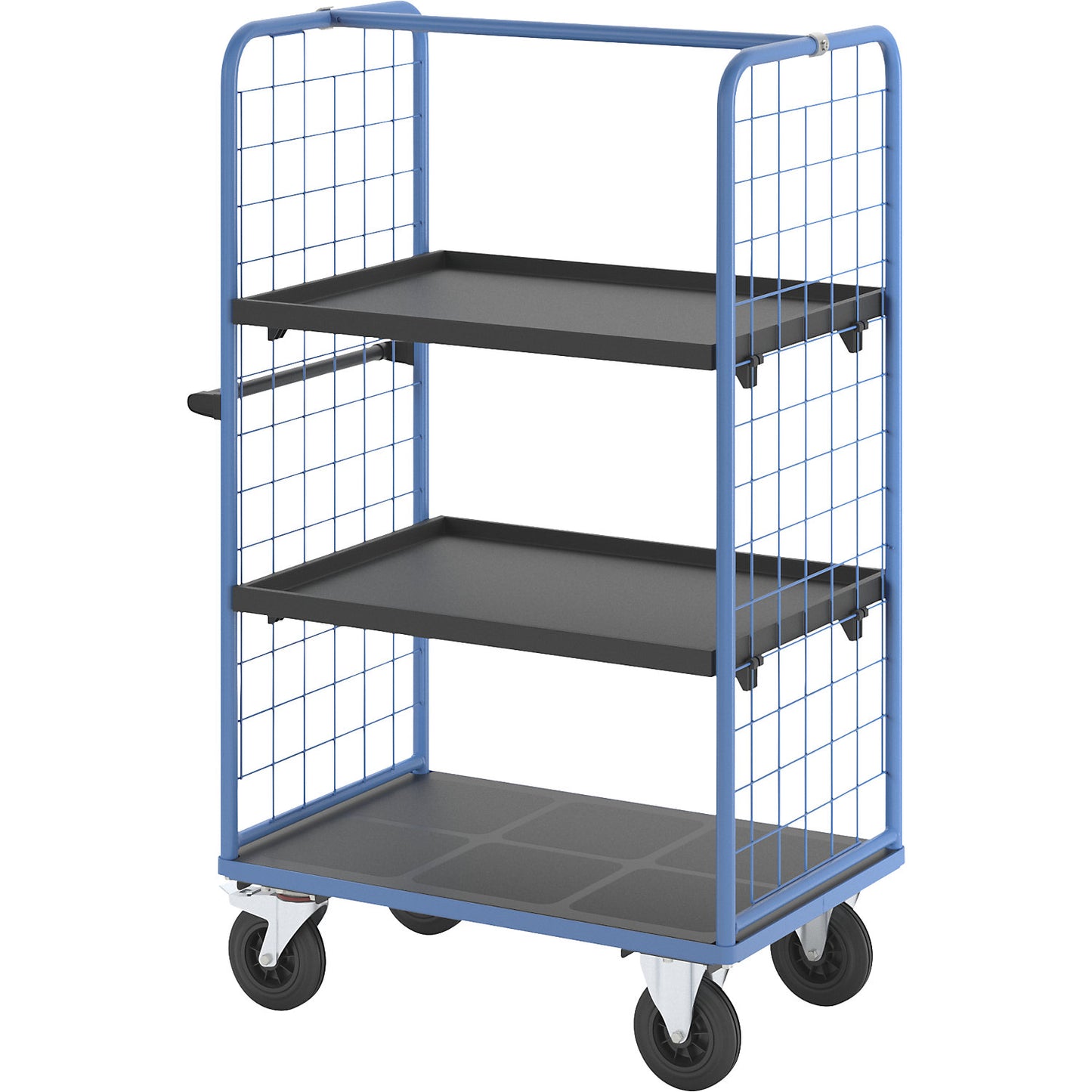 Shelf truck with mesh side panels, solid rubber tyres, platform 975 x 700 mm, 3 levels, with a rim.