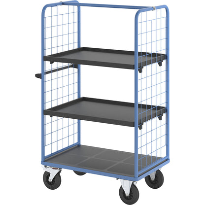 Shelf truck with mesh side panels, solid rubber tyres, platform 975 x 700 mm, 3 levels, with a rim.