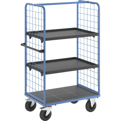 Shelf truck with mesh side panels, solid rubber tyres, platform 975 x 700 mm, 3 levels, with a rim.