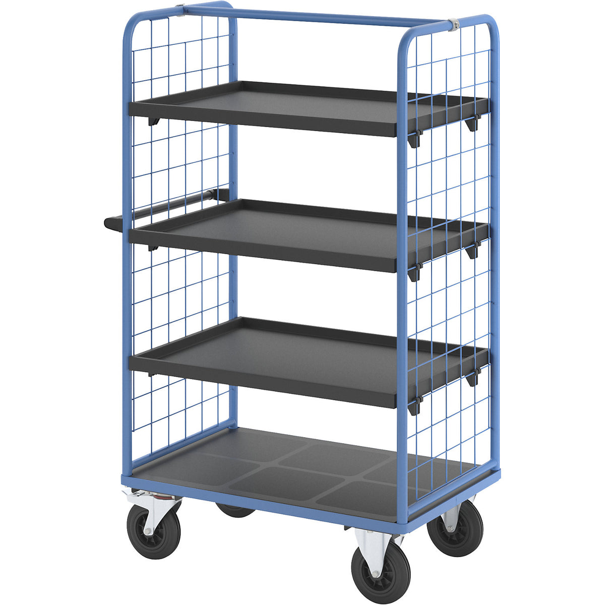 Shelf truck with mesh side panels, solid rubber tyres, platform 975 x 700 mm, 4 levels, with rim.