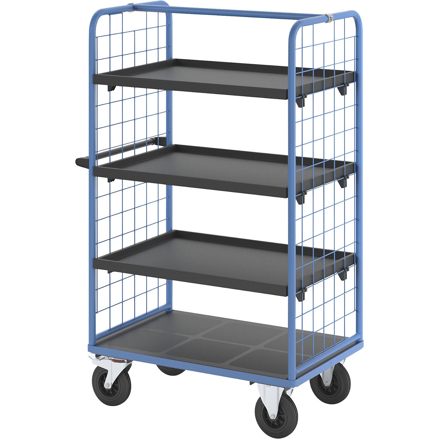 Shelf truck with mesh side panels, solid rubber tyres, platform 975 x 700 mm, 4 levels, with rim.